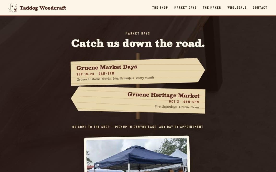 Taddog Woodcraft site — Market Days section with upcoming markets on a signpost